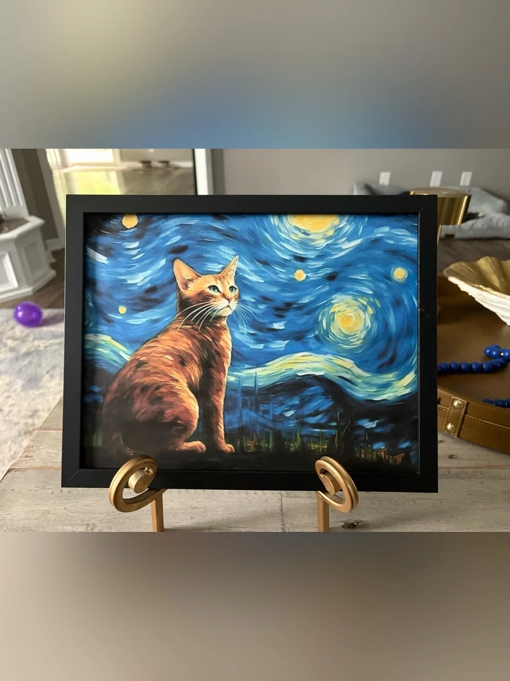 Framed Orange Cat Starry Night 8x10 Art Print